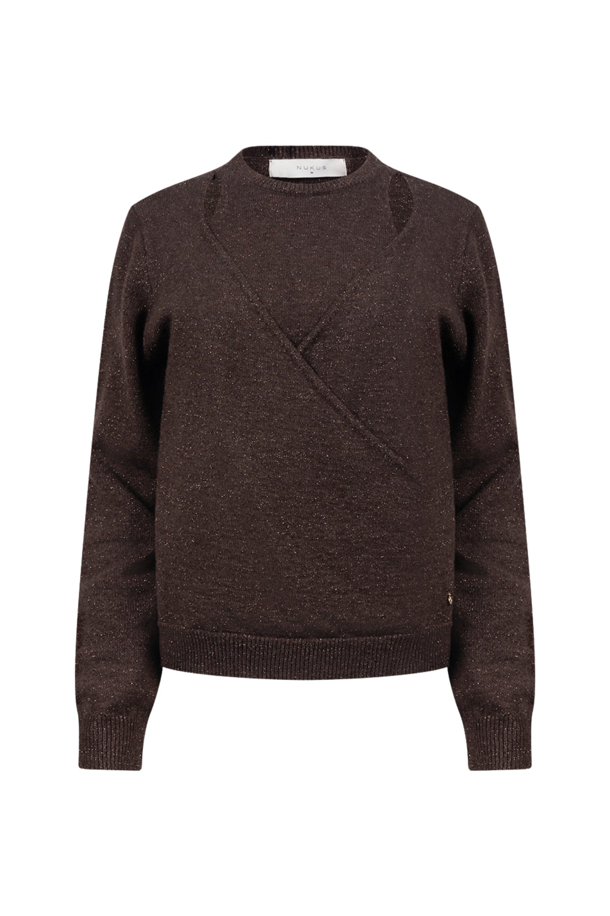 Luxe chocoladebruine lurex trui Merel van Nukus, zachte stof en elegante uitstraling, gedragen door een model.