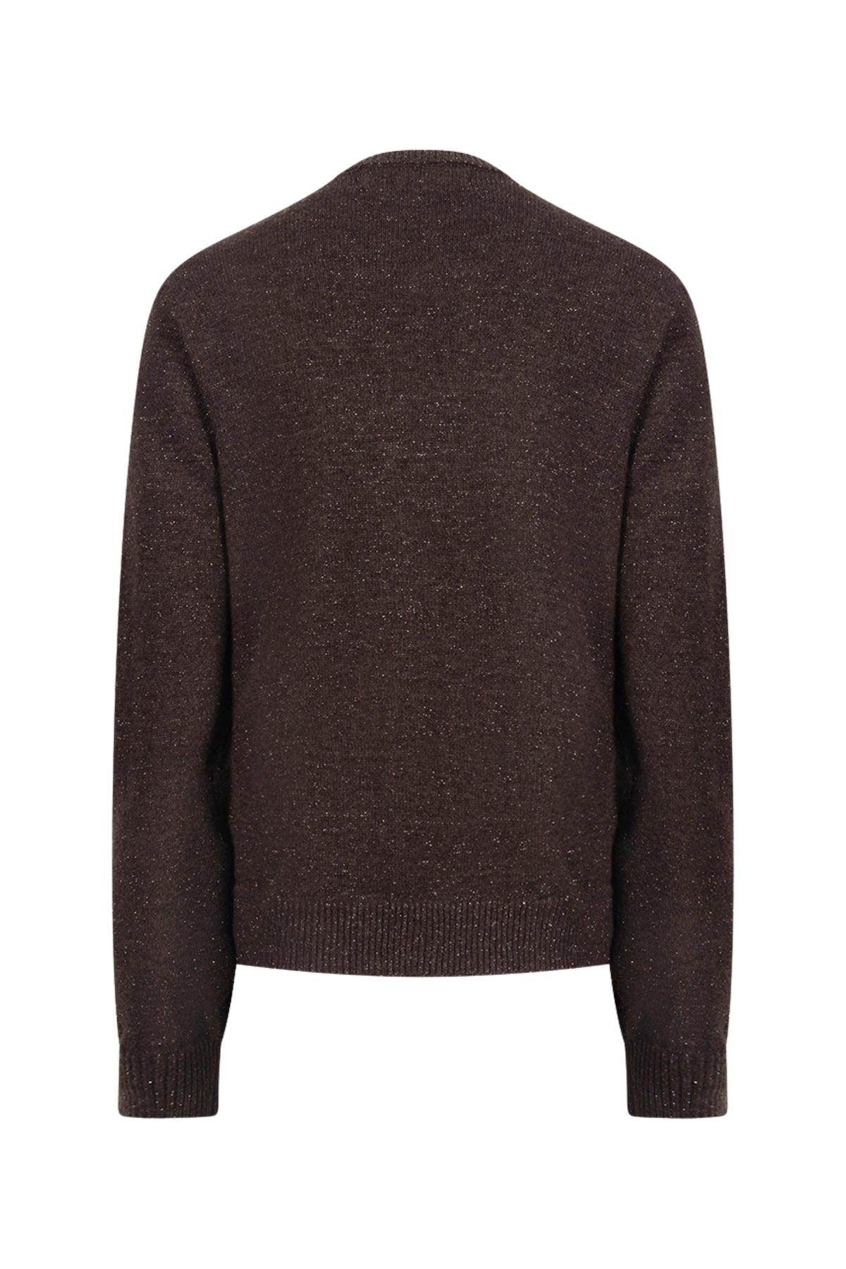 Lichte bruin lurex trui van Nukus met lange mouwen en ronde hals, model Monique, zichtbaar op de afbeelding.