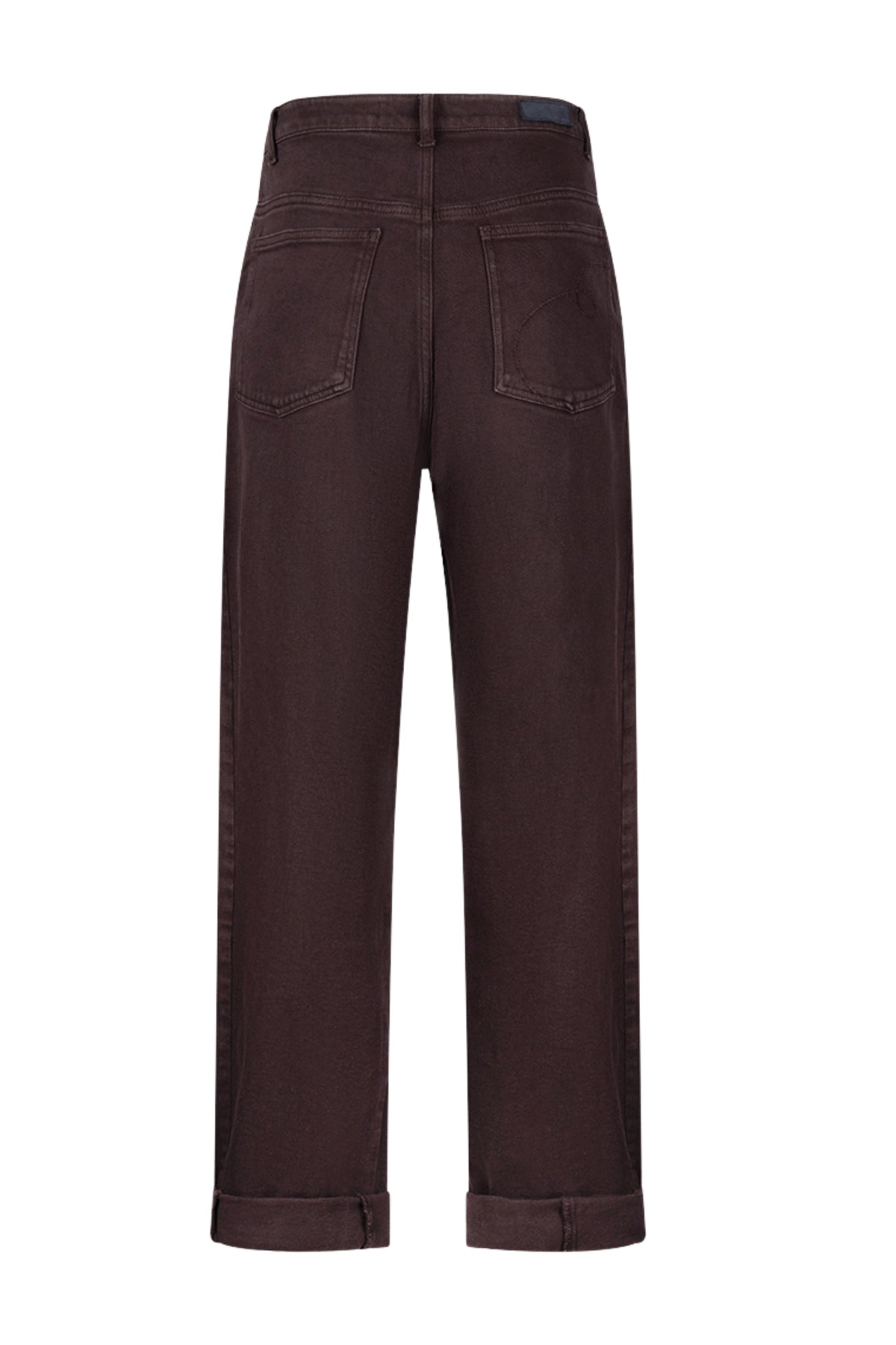 Nukus Petra chocolade jeans met rechte snit en denim textuur, zichtbaar op de afbeelding.