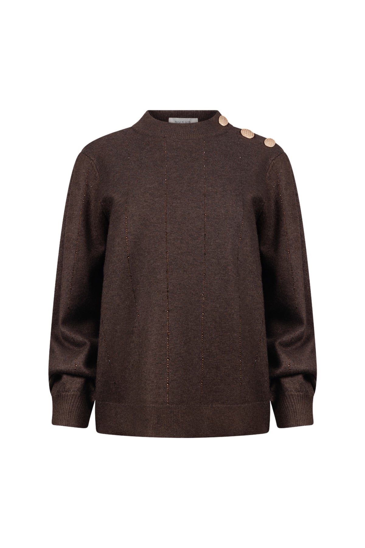 Donkerbruine trui Molly Strass van Nukus, zachte stof, met decoratieve details, gedragen door een model.