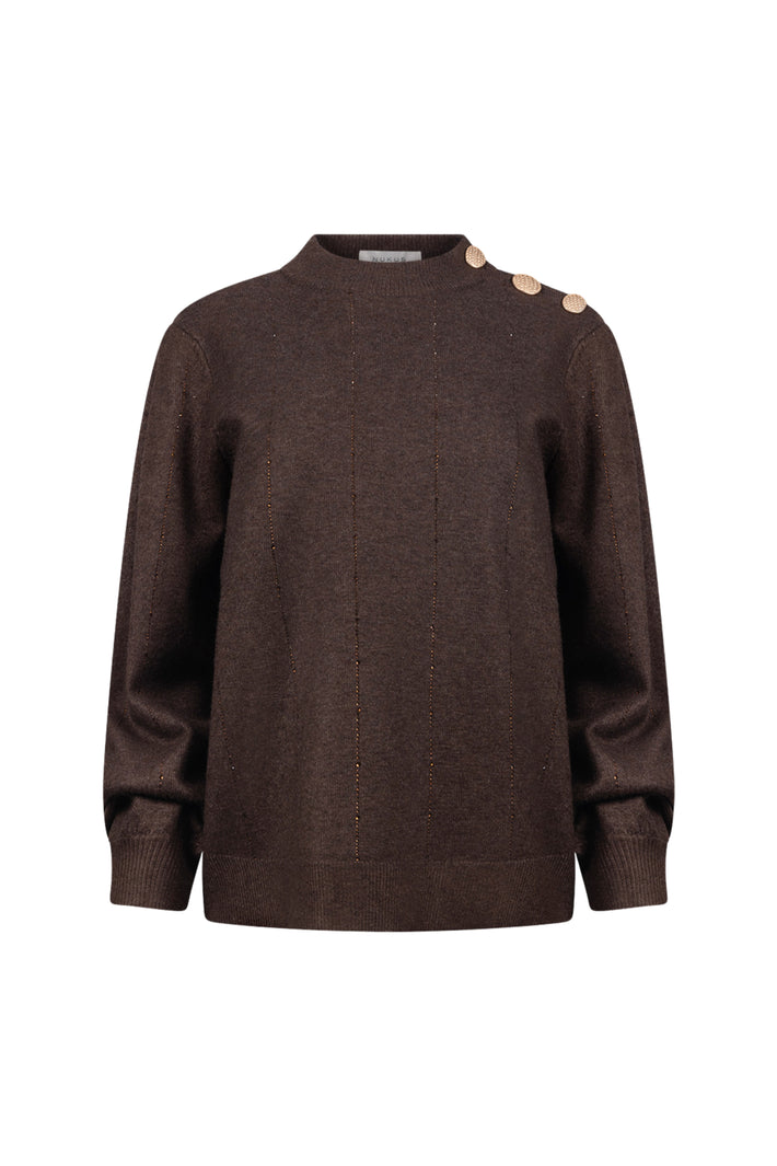 Donkerbruine trui Molly Strass van Nukus, zachte stof, met decoratieve details, gedragen door een model.