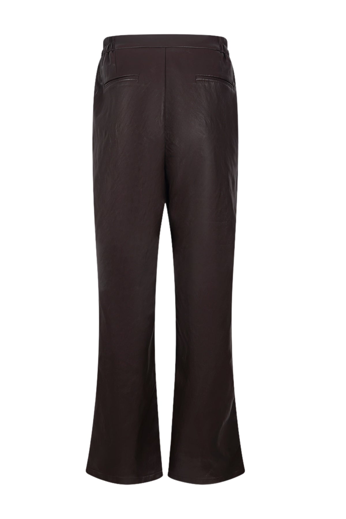 Donkere chocolade bruine Nukus Beverly PU broek met een strakke pasvorm, zichtbaar op de afbeelding.