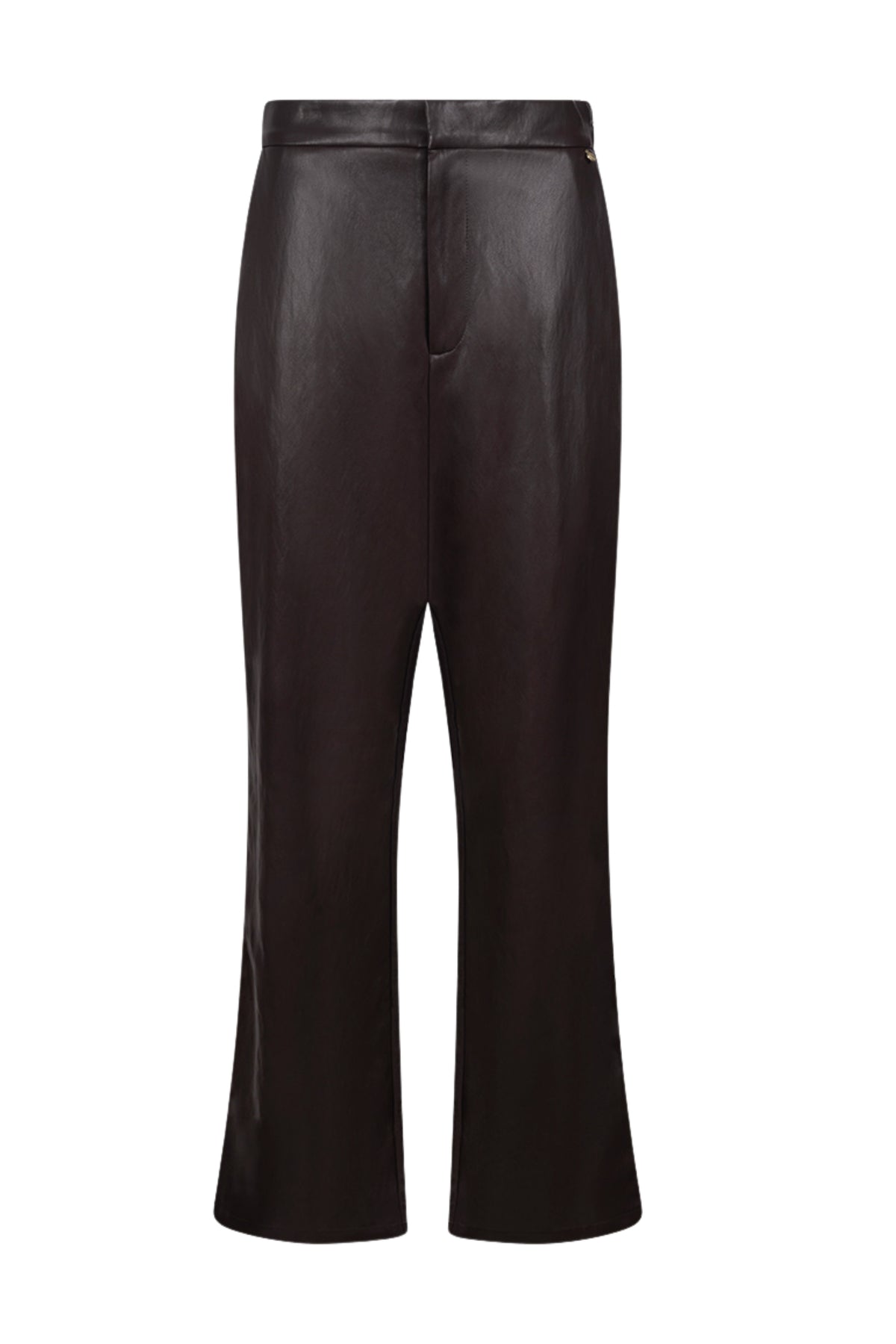 Donkere chocolade bruine broek van Nukus, Beverly PU-model, getoond in een modieuze pasvorm op een model.