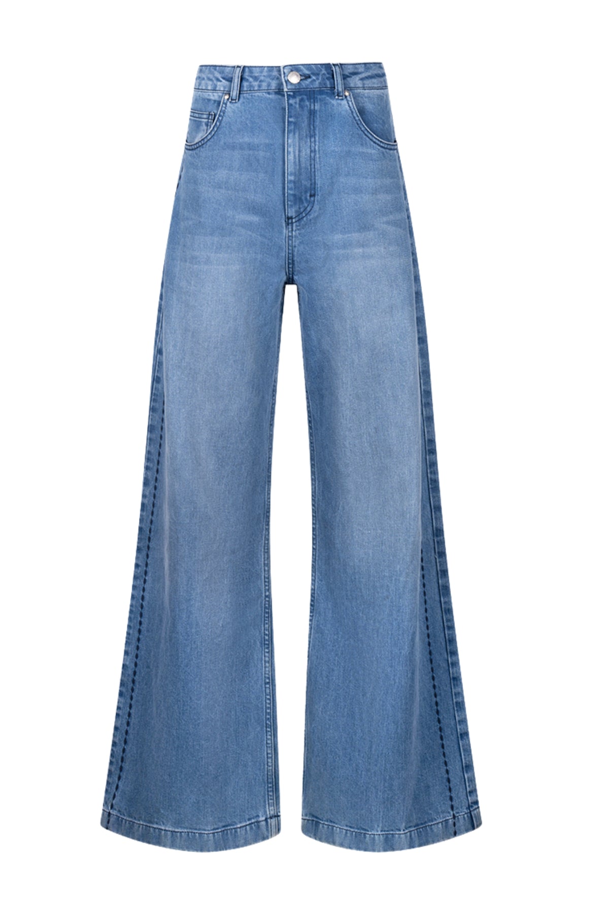 Nukus jeans Stevi met blauwe denim en borduursel, casual pasvorm en trendy ontwerp op de afbeelding.