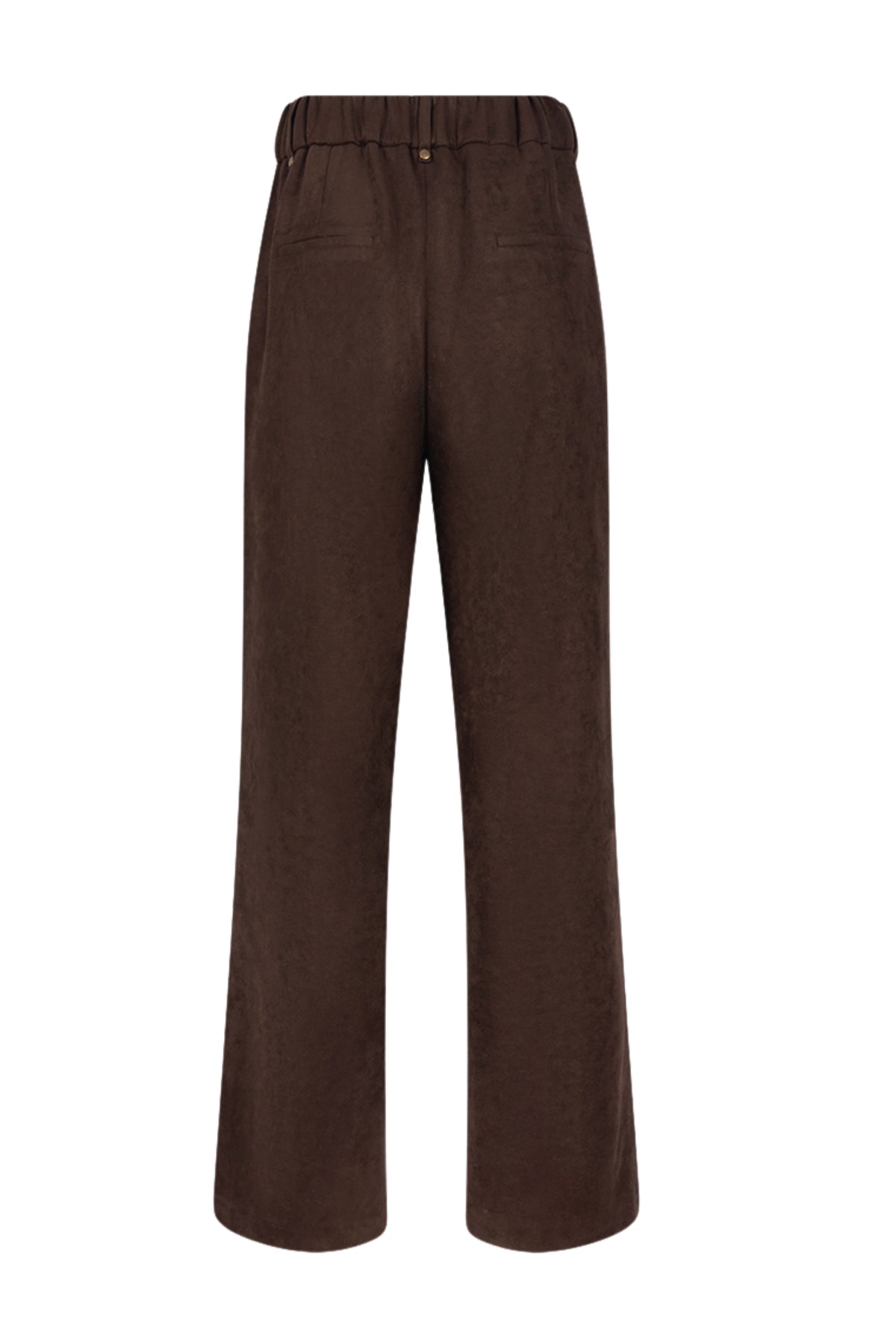 Donkere bruine Jill Suedine broek van Nukus, elegante damesbroek met zachte textuur en comfortabele pasvorm.