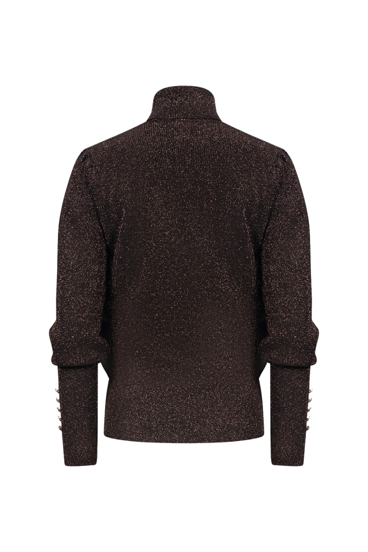 Donkere chocolade lurex trui Sylvia van Nukus met lange mouwen en glanzende afwerking, gedragen door een model.
