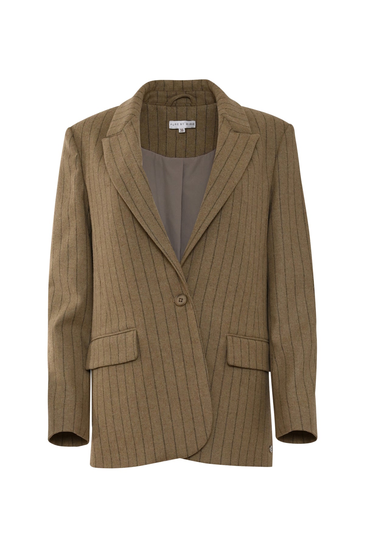 Kaki gestreepte blazer Rora van Maicazz & Zizo, getailleerd met knopen, gedragen door een model.