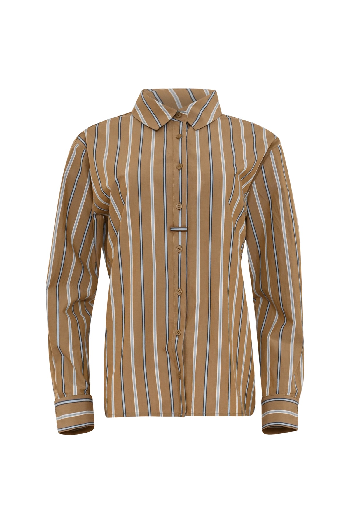 Lichte camelkleurige blouse met streepjes van Maicazz & Zizo, getoond op een vrouwelijke model.