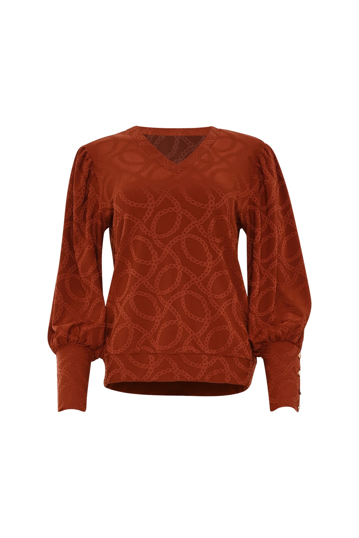 Diepe rode klei top van Maicazz & Zizo, met een losse pasvorm en elegante uitstraling, zichtbaar op de afbeelding.