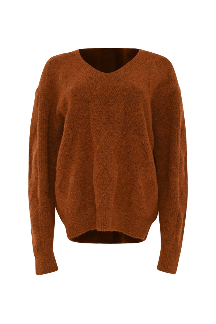 Donkerrode Maicazz & Zizo trui Versus Red Clay, gebreide stof met ronde hals en lange mouwen, gedragen door model.