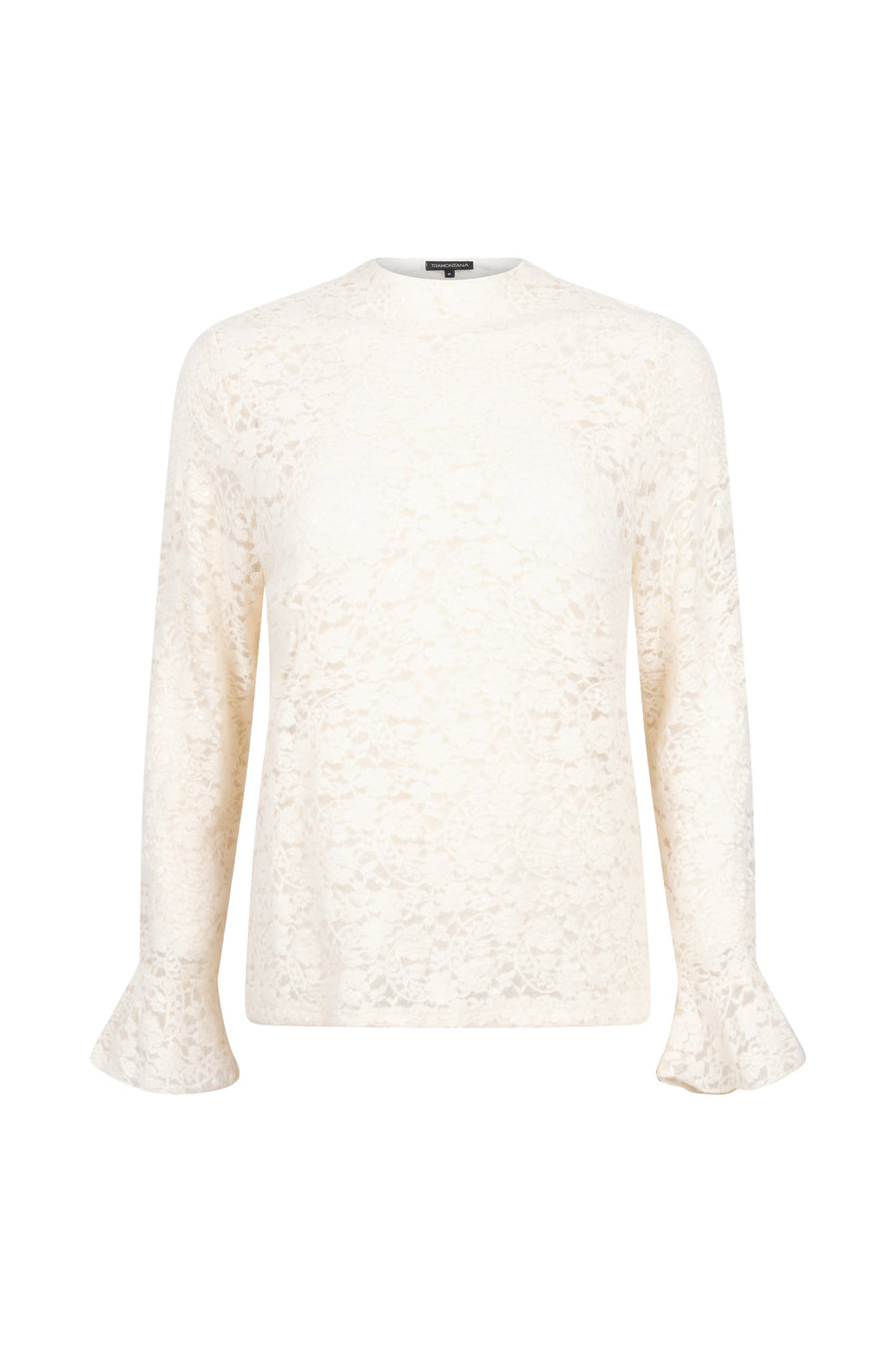 Lichtblauwe top met wijde mouwen en kanten details, Tramontana Top Flared Cuff Lace Snow C36-22-401, modieus en elegant.