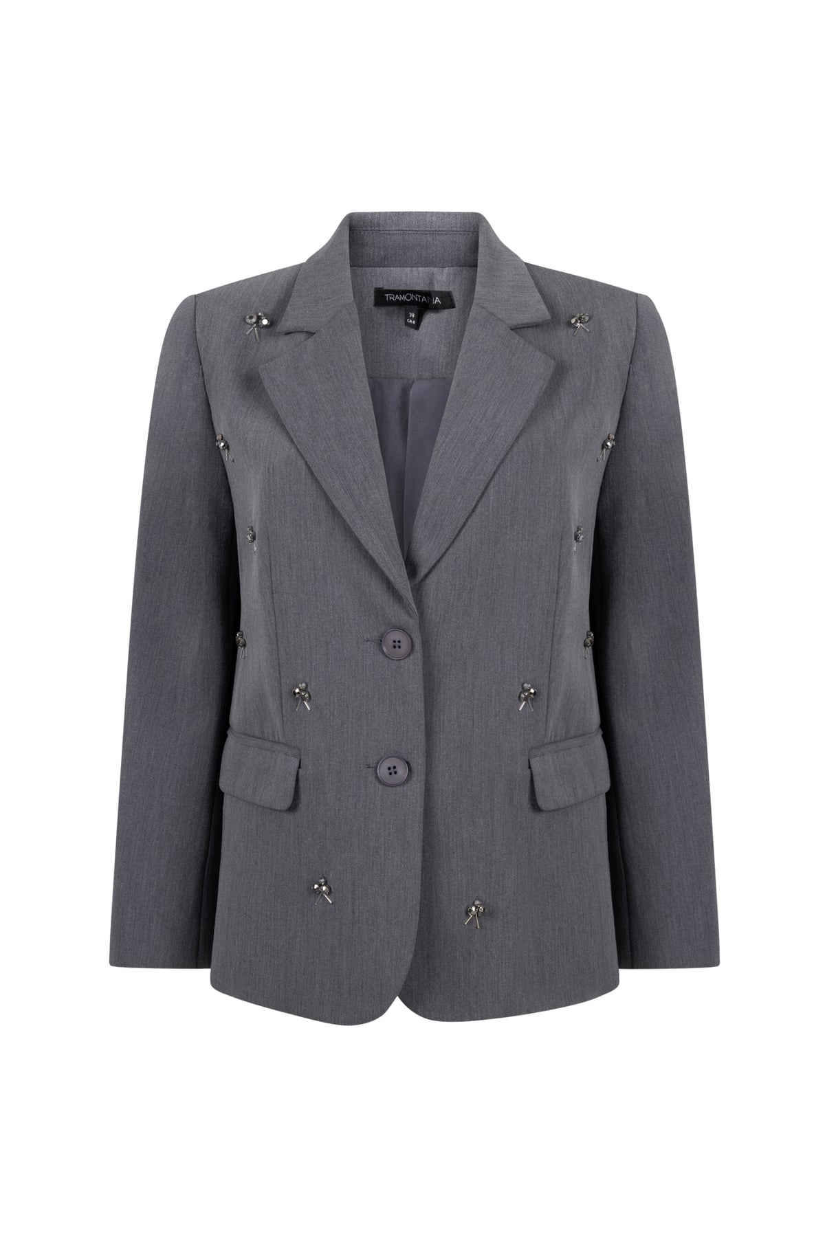 Lichte grafietkleurige blazer van Tramontana met embellishments, modern ontwerp, gedragen door een model, close-up van de details.