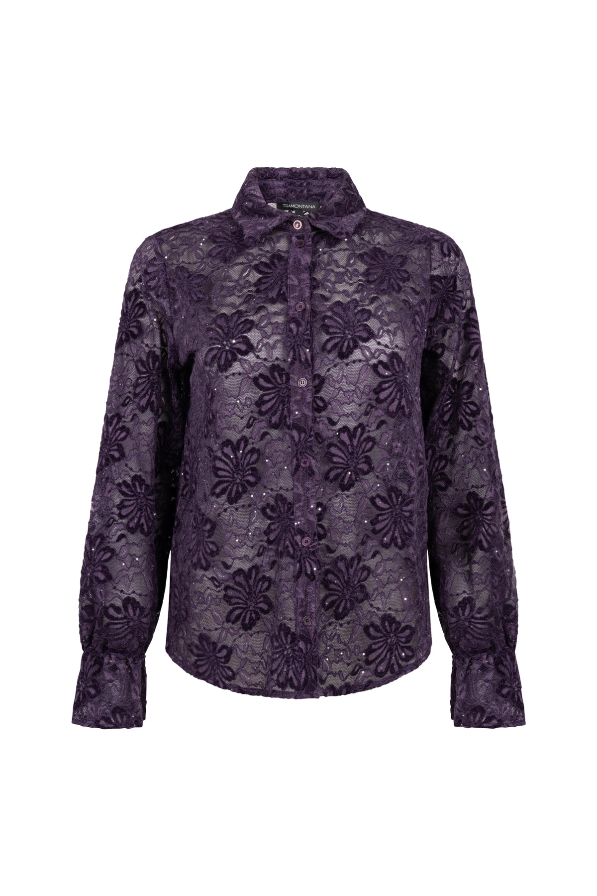 Donkere aubergine velvet blouse met kanten details van Tramontana, elegante damesmode, close-up van de stof en design.