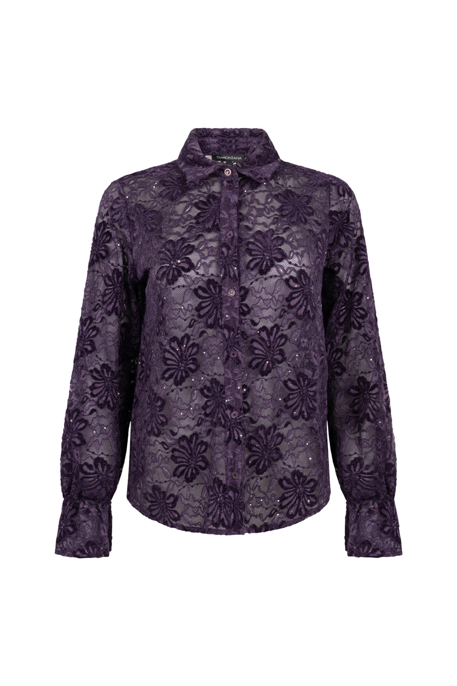 Donkere aubergine velvet blouse met kanten details van Tramontana, elegante damesmode, close-up van de stof en design.