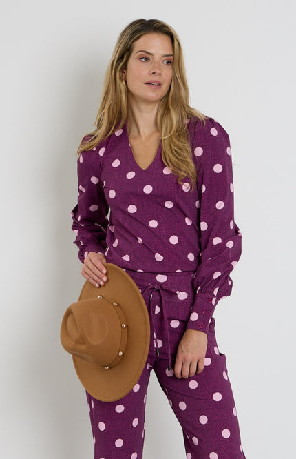 Travel Blouse Puff Sleeves Dot Structure Print Magenta Purple 202226