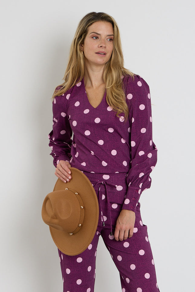 Travel Blouse Puff Sleeves Dot Structure Print Magenta Purple 202226