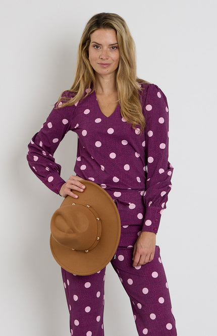 Travel Blouse Puff Sleeves Dot Structure Print Magenta Purple 202226