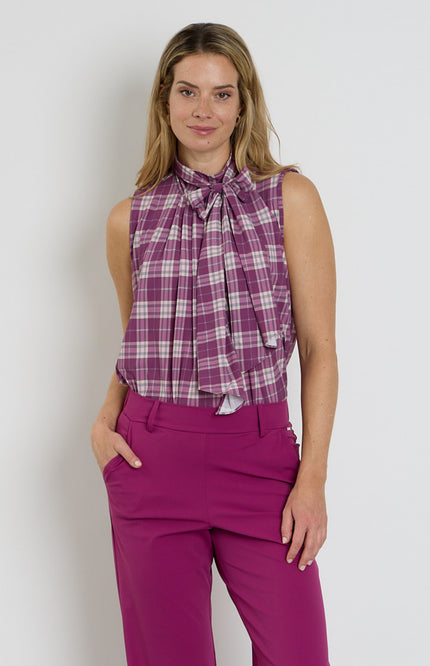 Travel Blouse Bow Autumn Check Print Magenta Purple 202830