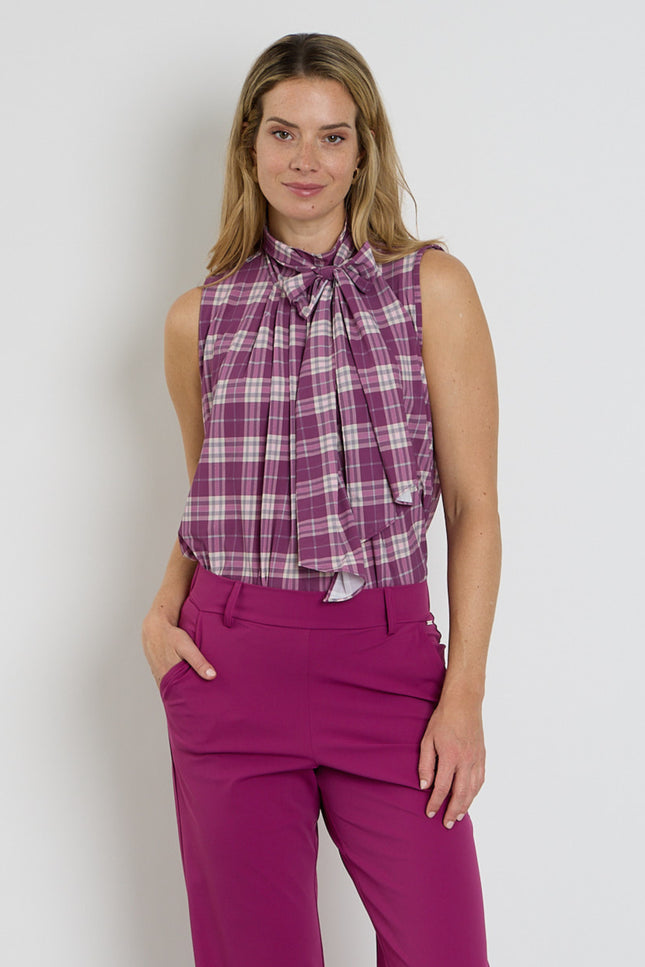 Travel Blouse Bow Autumn Check Print Magenta Purple 202830