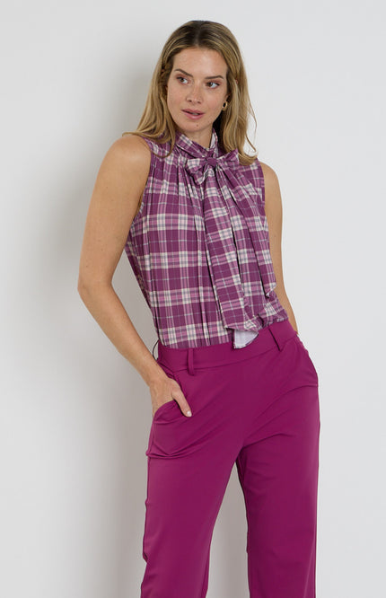 Travel Blouse Bow Autumn Check Print Magenta Purple 202830