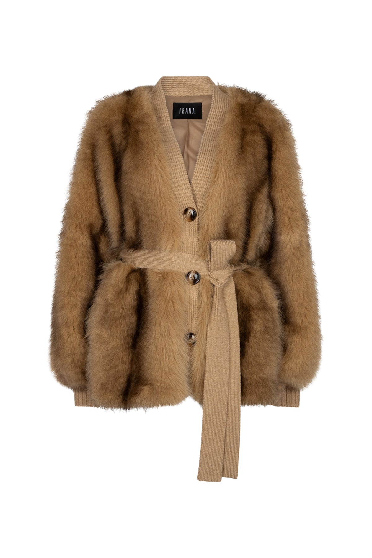 Lichte Ibana Chevy Camel jas met ritssluiting en capuchon, comfortabel en stijlvol voor dagelijks gebruik.