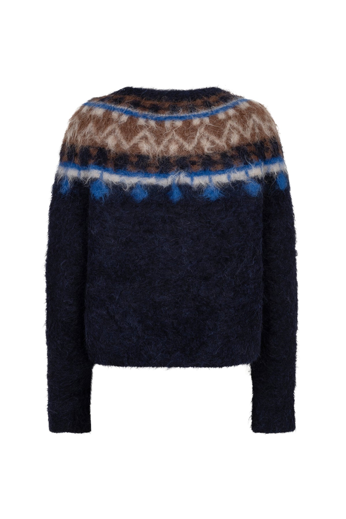 Diepe navy blauwe Ibana Kenna trui met ronde hals en lange mouwen, gedragen door een model, voor een stijlvolle casual look.