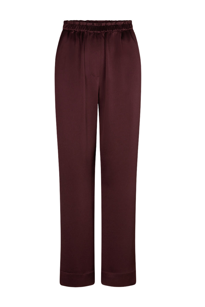 Ibana Panyn Berry Wine broek met elastische tailleband en comfortabele pasvorm, donkerblauw met subtiele print.