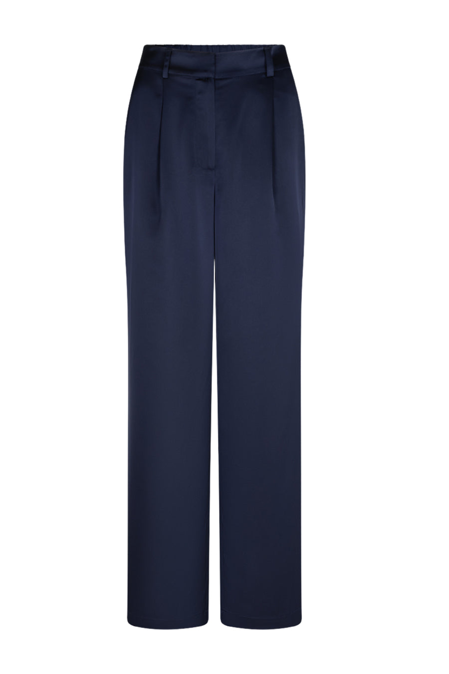 Diepe navy Ibana Pasho broek met rechte snit en elastische taille, gedragen door een model voor een casual look.