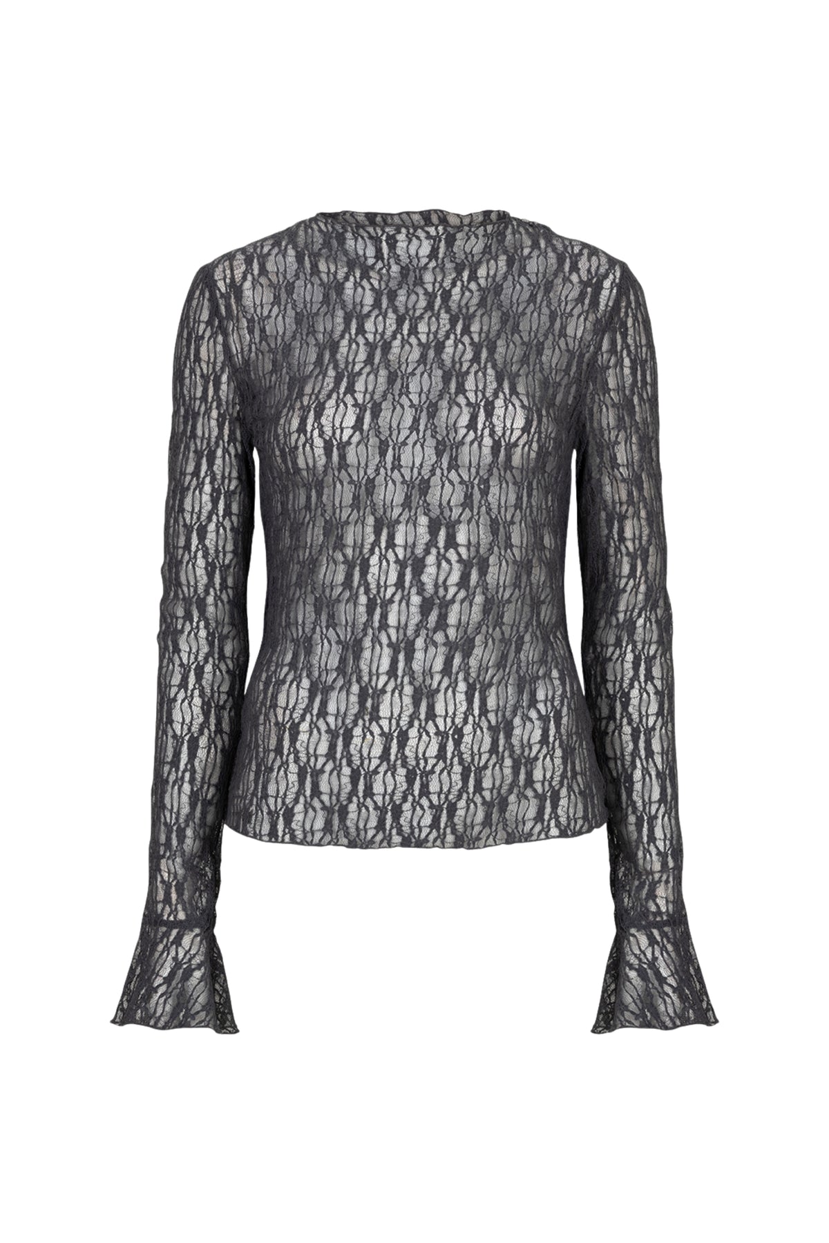 Ibana Top Taola Misty Blue, lichtblauwe blouse met ronde hals, gedragen door een model, op een witte achtergrond.