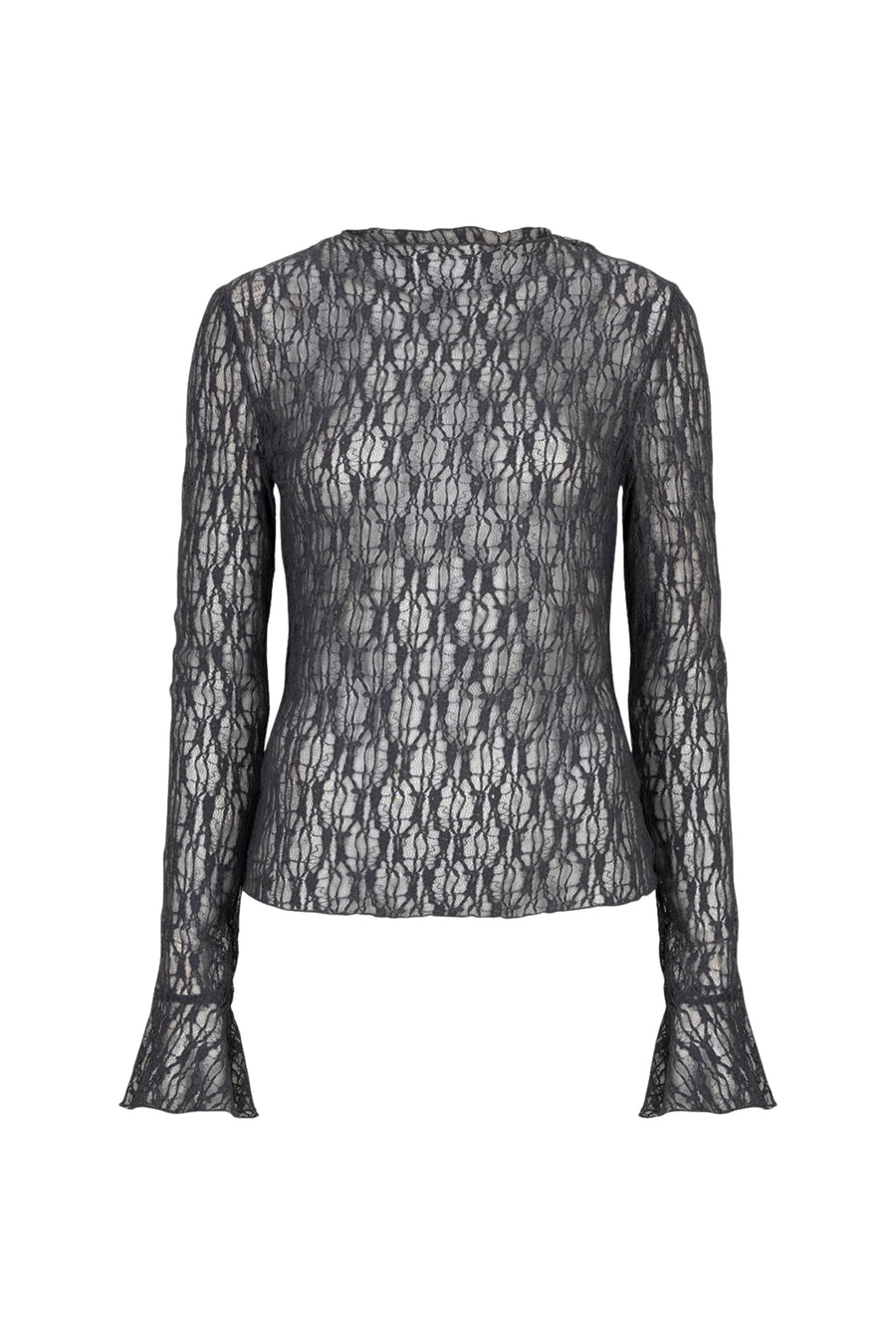 Ibana Top Taola Misty Blue, lichtblauwe blouse met ronde hals, gedragen door een model, op een witte achtergrond.