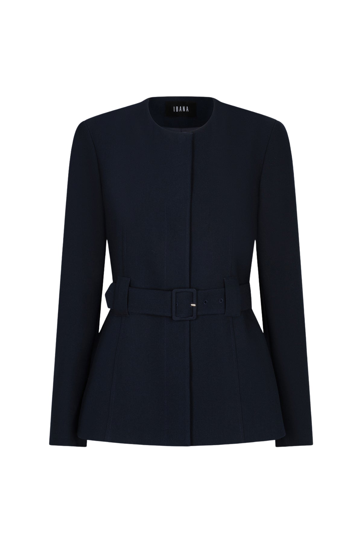 Ibana Joya diepe navy jas met kraag en rits, gedragen door een model, geschikt voor herfst en winter.