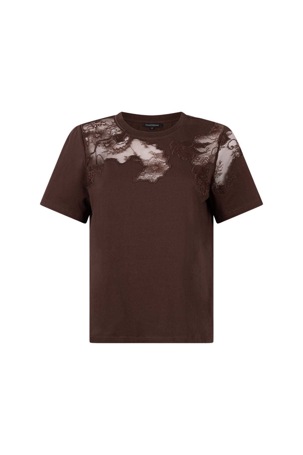 Lichtbruine Tramontana T-shirt met kanten inzet, casual stijl, modieus en comfortabel, gedragen door een model.