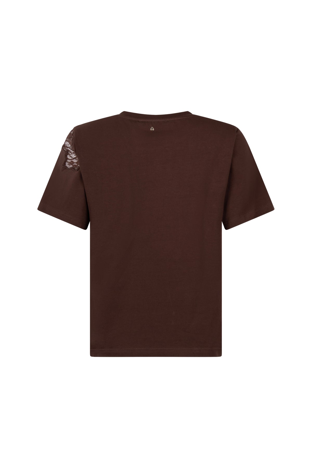 Donkerbruine tramontana T-shirt met kanten inzet, casual en stijlvol, zichtbaar op de afbeelding.
