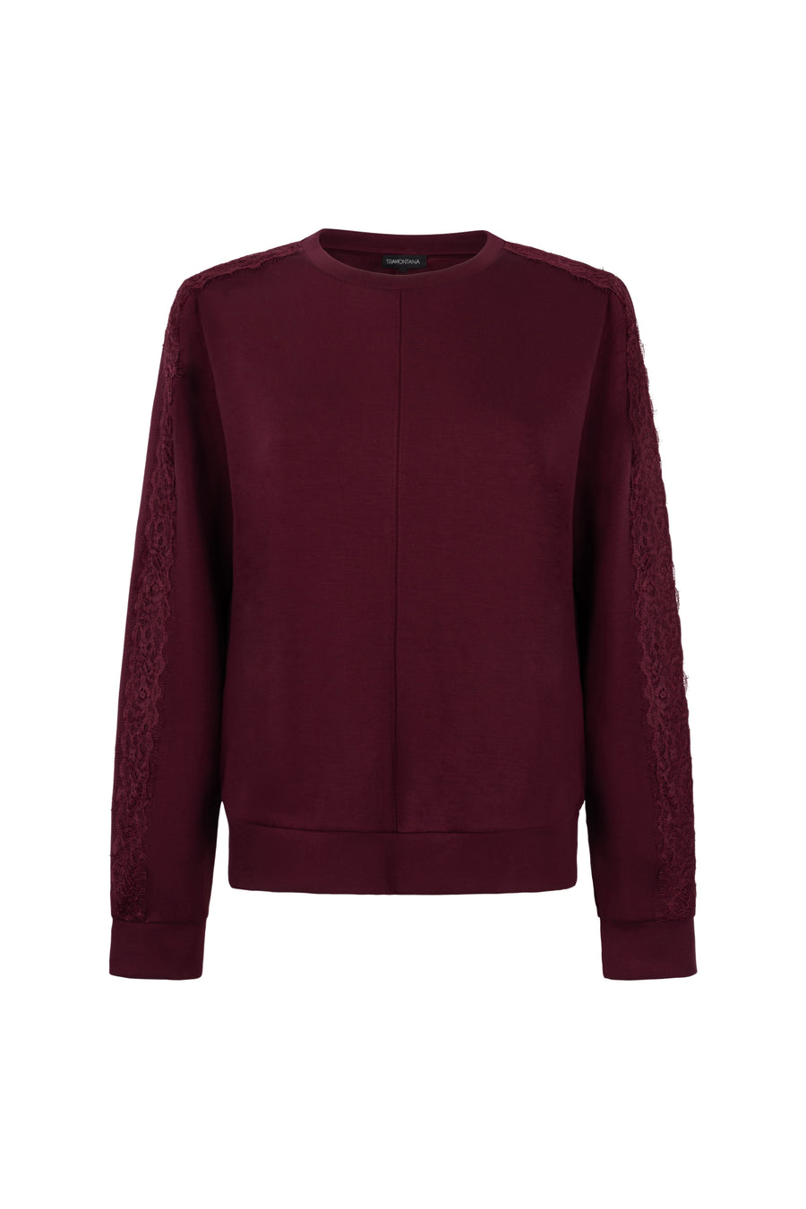 Tramontana technische sweatshirt trui met kantdetail in granaatappelrood, casual stijl, close-up van de textuur en design.