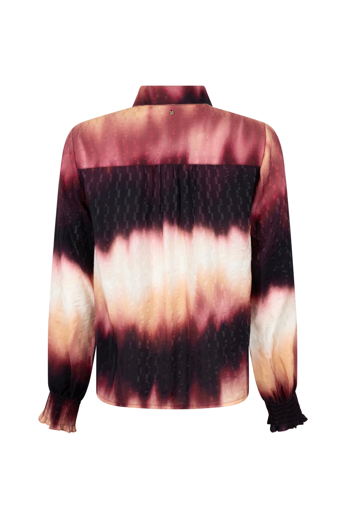 Blouse van Tramontana in herfstkleur met tie-dye print en granaatappelmotief, model Monique, stijlvolle en kleurrijke damesblouse