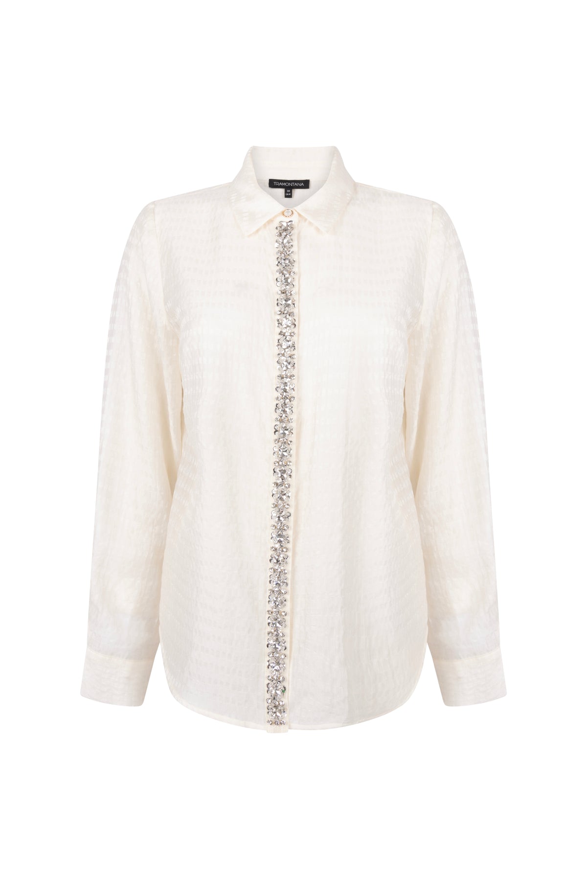 Blouse Tramontana met strass details en knoopsluiting, elegante damesblouse met modieuze placket en glanzende versieringen