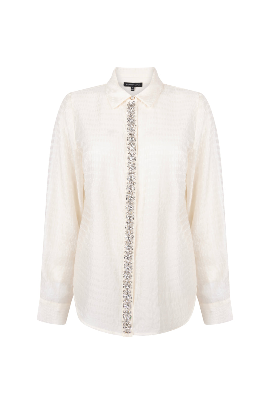Blouse Tramontana met strass details en knoopsluiting, elegante damesblouse met modieuze placket en glanzende versieringen