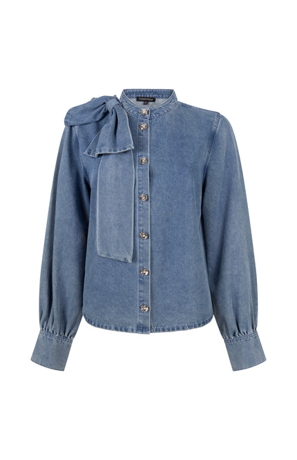 Blouse Denim Bow Detail Mid Blue Denim C26-21-301