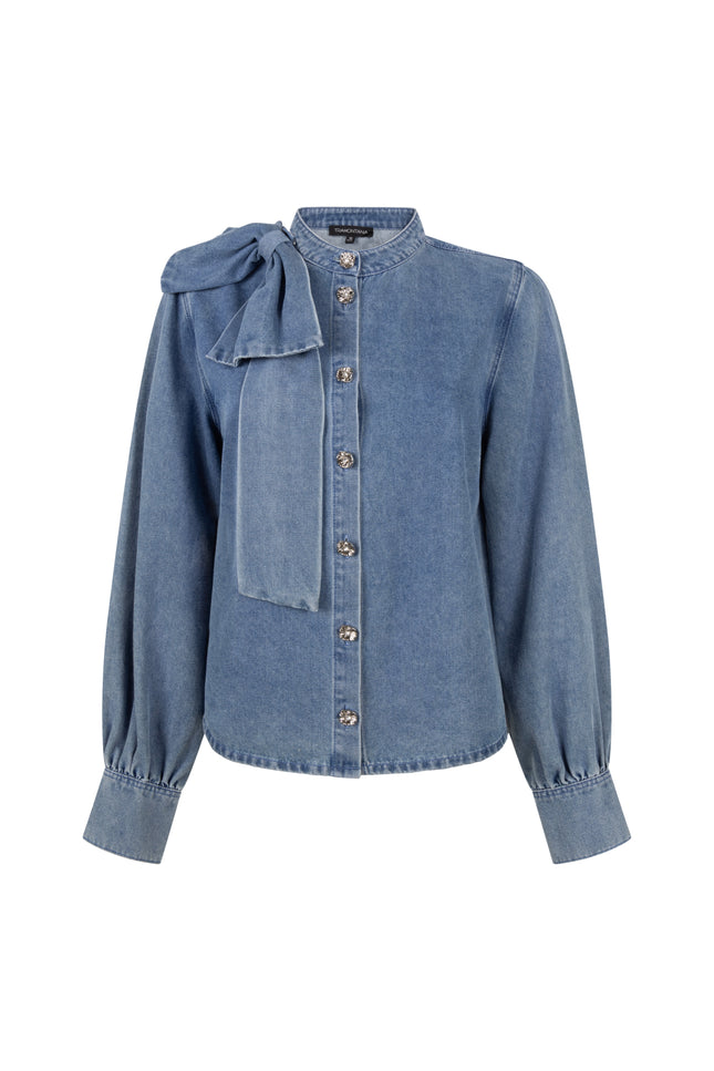 Blouse Denim Bow Detail Mid Blue Denim C26-21-301