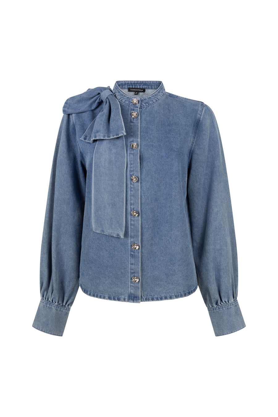 Blouse van denim met strikdetail in middengrijs, Tramontana, modieus en casual voor dagelijks gebruik.