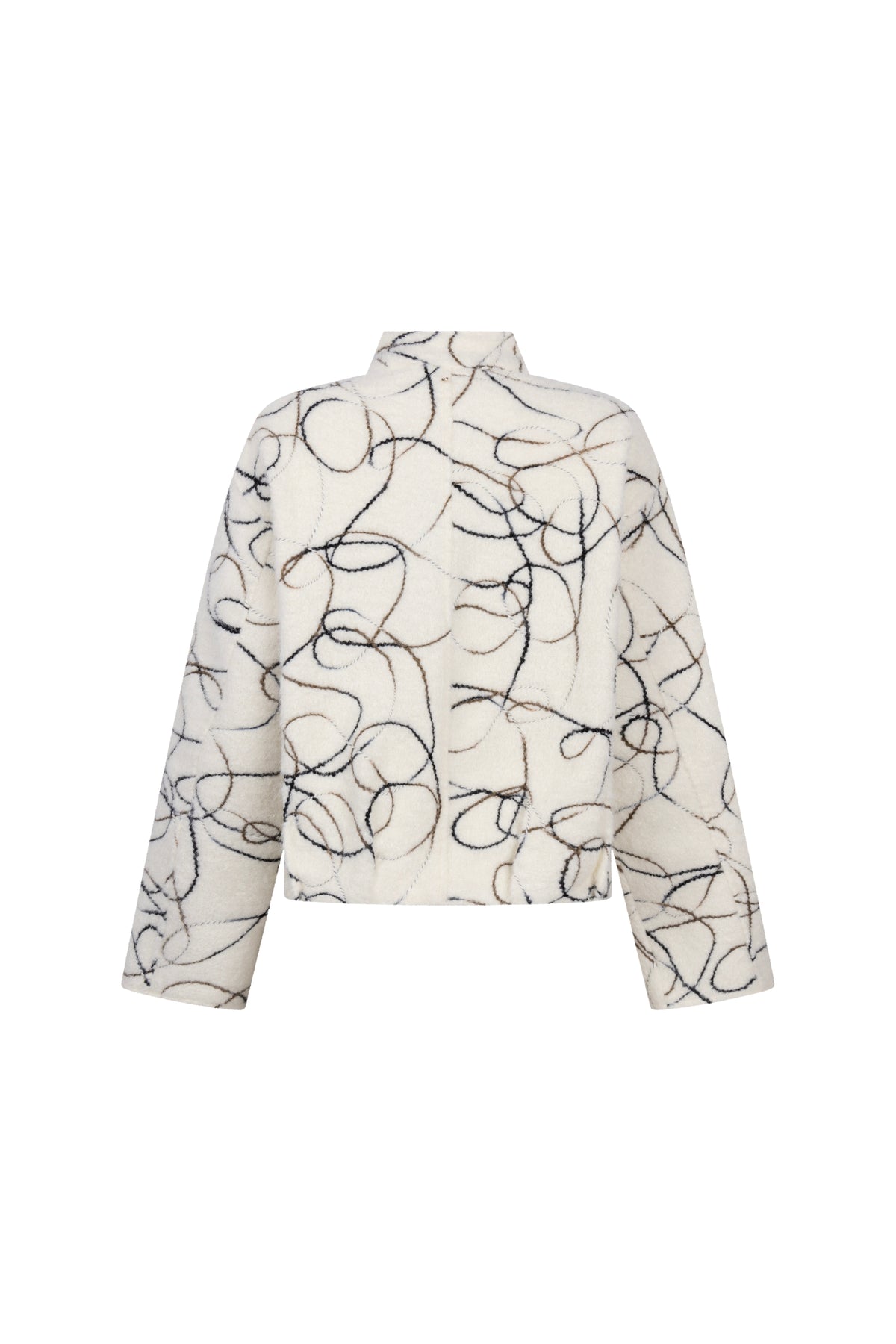 Damesjas van Tramontana met grafische teddyprint, warme winterjas met capuchon en rits voor dames, zwart met witte print.