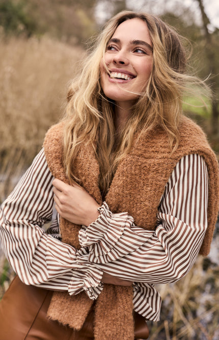 Blouse Striped Ruffled Cuffs Cinnamon O04-22-301