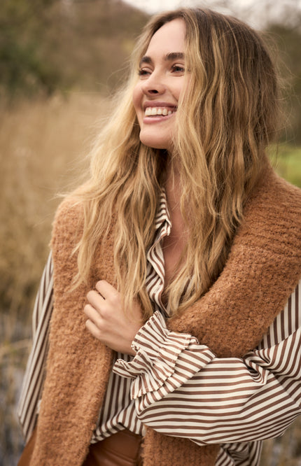 Blouse Striped Ruffled Cuffs Cinnamon O04-22-301
