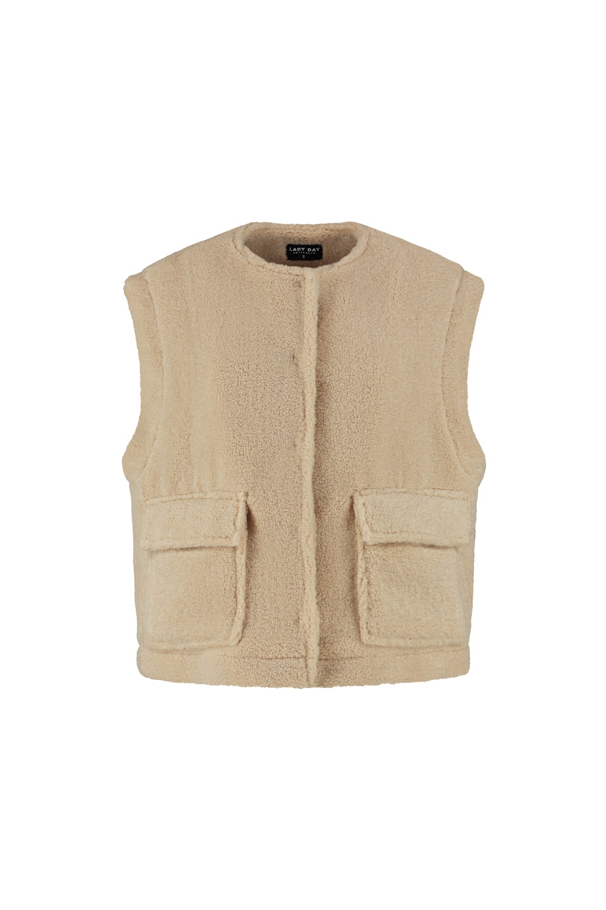 Lichtgekleurd Lady Day Gilet Curly Light Pepper L49-101-3462 met gekrulde textuur en stijlvolle pasvorm.