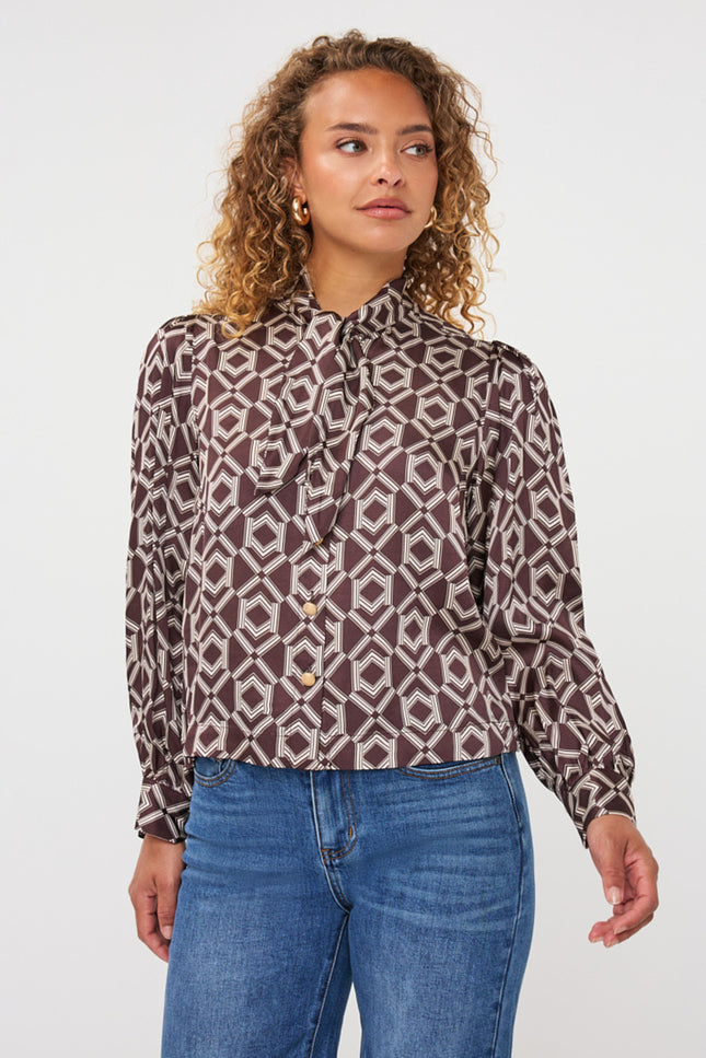 Blouse Short Bow Warm Cacao Print F26.14508