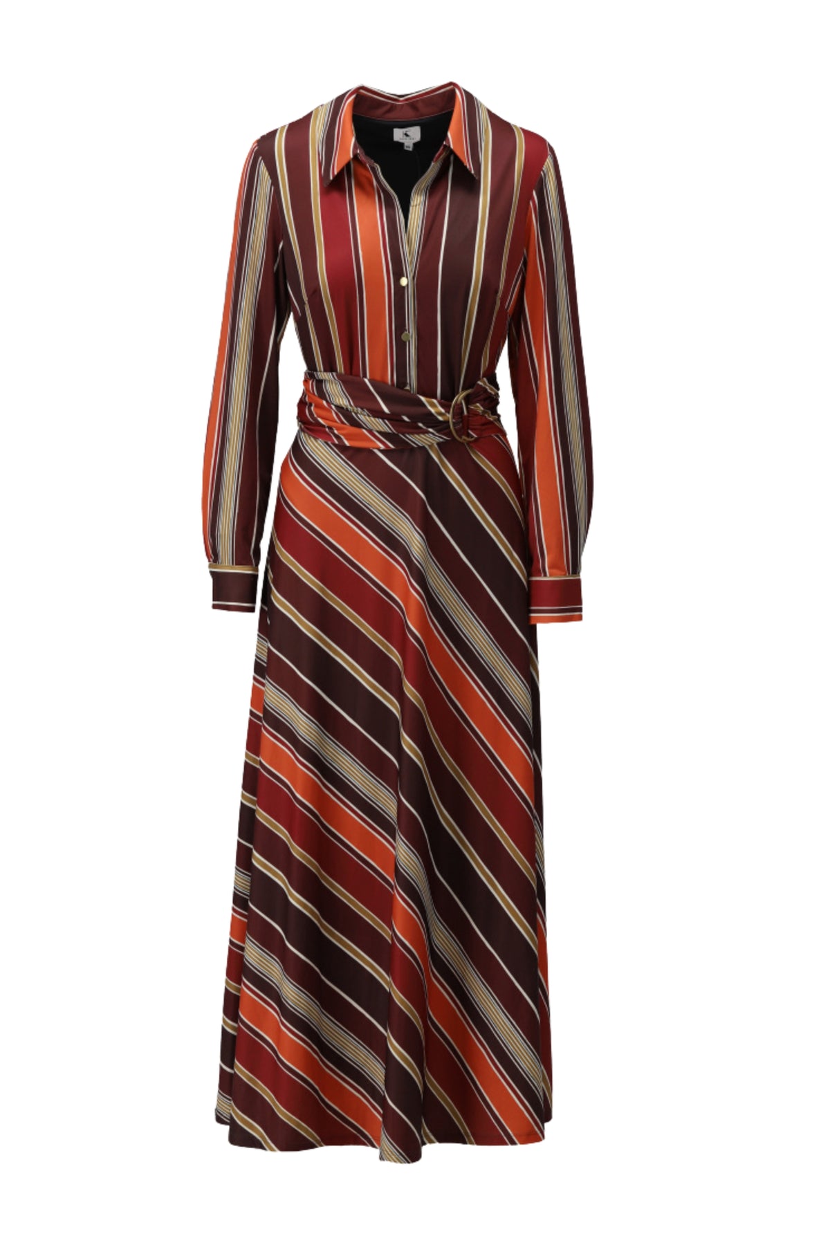 Lange maxi jurk met strepen van K-design, zichtbaar met V-hals en wijde rok, in een stijlvolle, kleurrijke print.