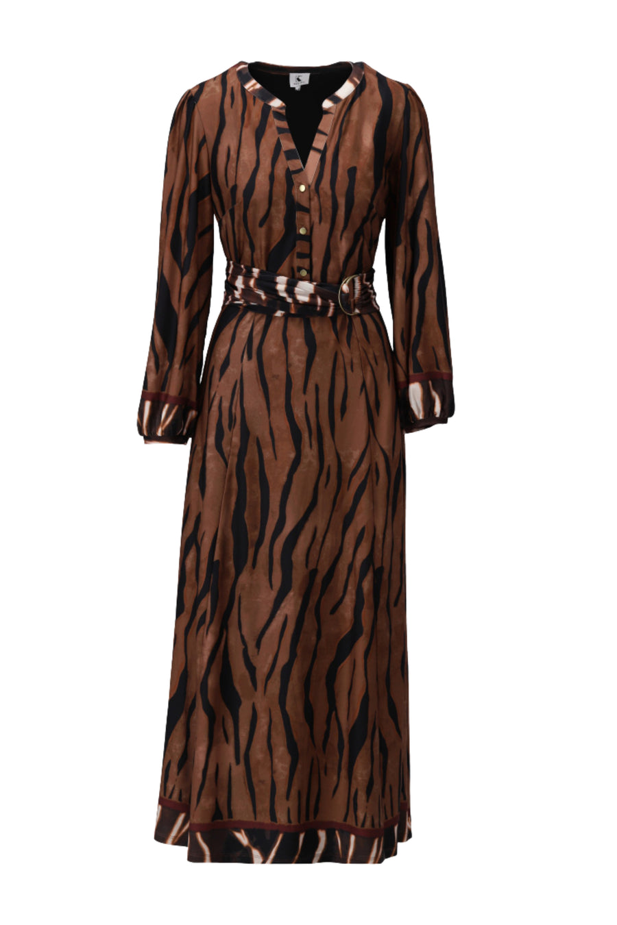Maxi damesjurk met dierenprint van K-design, elegante lange jurk met opvallend dierenmotief en vloeiende stof.