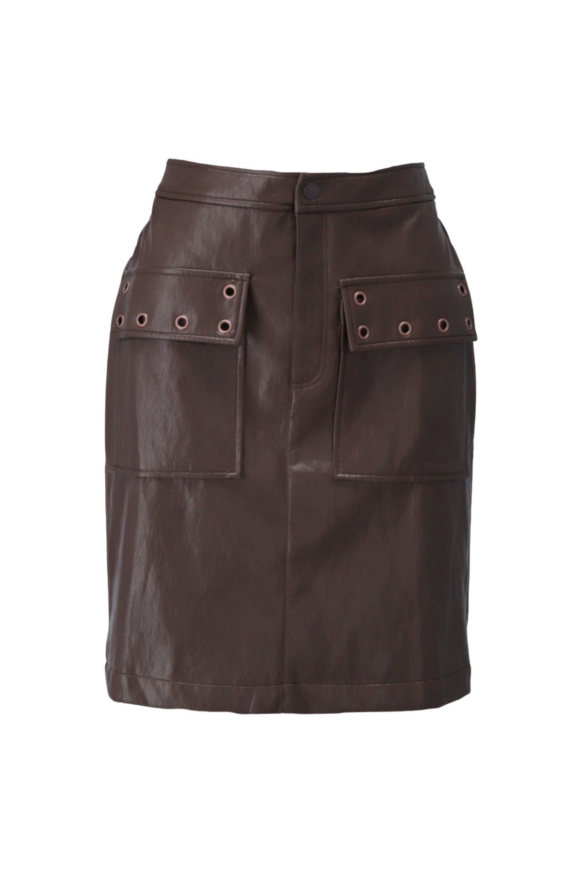 Lederenlook rok met fantasiepatroon in chocoladebruin van You're My Lobster by K-design, modieus en stijlvol voor dames.