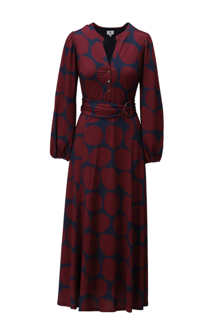 Maxi jurk met print van K-design, elegante lange jurk met kleurrijk patroon en vloeiende stof, geschikt voor zomerse gelegenheden.