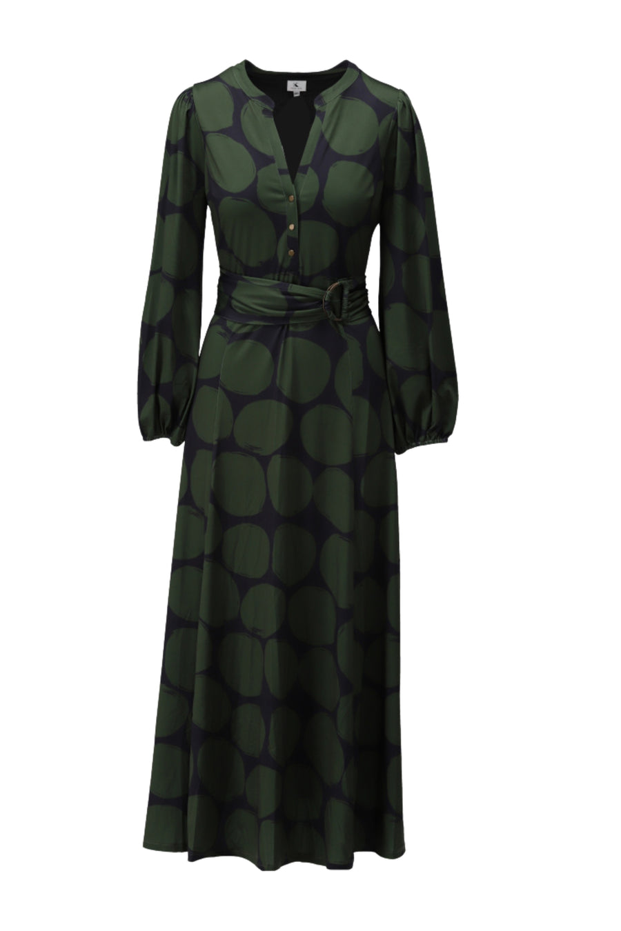 K-design maxi jurk met print, vloeiend model, lange mouwen en elegante stijl, gedragen door model op foto.